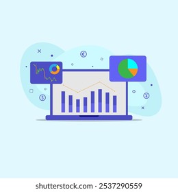 Tecnologia de design plano de fundo preto abstrato usando laptop para encontrar grandes dados para ajudar na tomada de decisões em investimento, negócios, finanças na internet.
