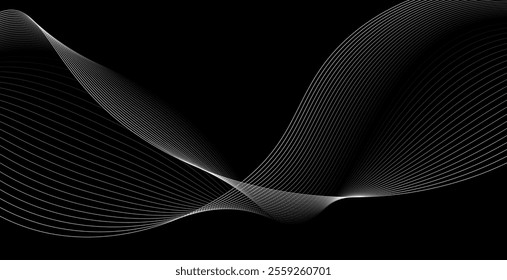 Abstract black background with flowing white curved lines creating a wave effect