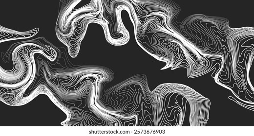 Abstract black background with flowing white stripes. Groovy abstract art background