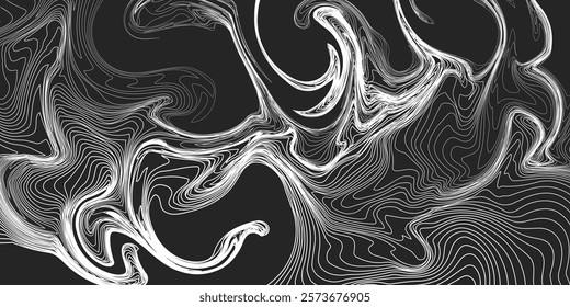 Abstract black background with flowing white stripes. Groovy abstract art background