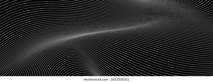 Abstract black background with flowing white curved lines creating a wave effect