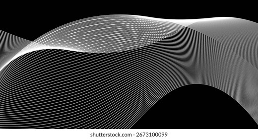 An abstract black background with flowing white curved lines creates a modern wave pattern. Perfect for digital art, wallpapers, and futuristic concepts.