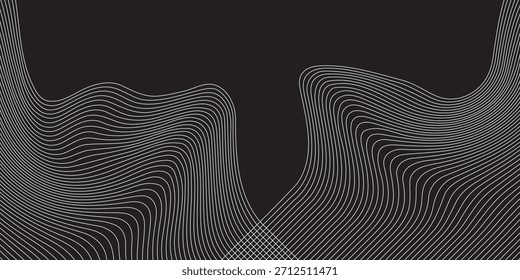 Abstract black background with flowing white curved lines creating a wave effect