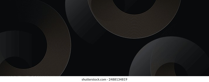Fondo negro Abstractas con forma geométrica. Patrón moderno de líneas de círculo de oro. Plantilla Horizontal del Anuncio. Estilo de lujo. Traje para la cubierta, Anuncio, folleto, corporativo, cartel, presentación, Sitio web