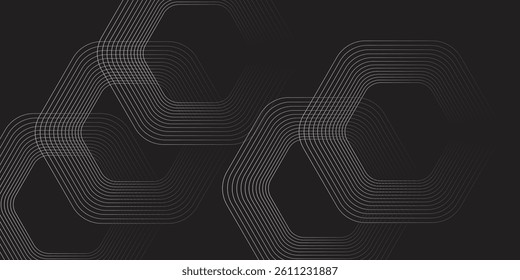 Abstract black background with glowing geometric lines. Modern shiny white hexagon lines pattern. Technology futuristic concept. Suit for poster, banner, brochure, cover, flyer. Vector illustratio