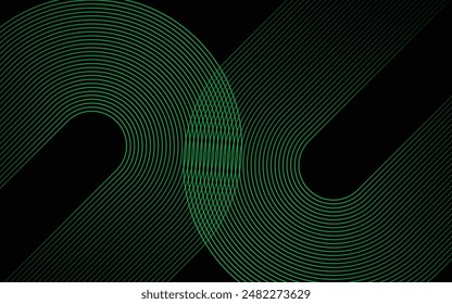 Abstract black background with glowing green geometric lines. Modern shiny green diagonal rounded lines pattern.