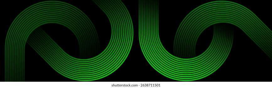 Abstract black background with glowing green colour geometric rounded shapes lines. Diagonal curve effect lines.Dynamic shapes composition. Perfect for modern projects, business.