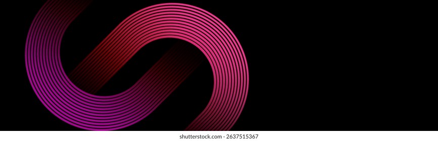 Abstract black background with glowing pink colour geometric diagonal rounded lines. Modern dynamic shapes composition. Suit for curve lines. Futuristic technology consept Luxury pattern.