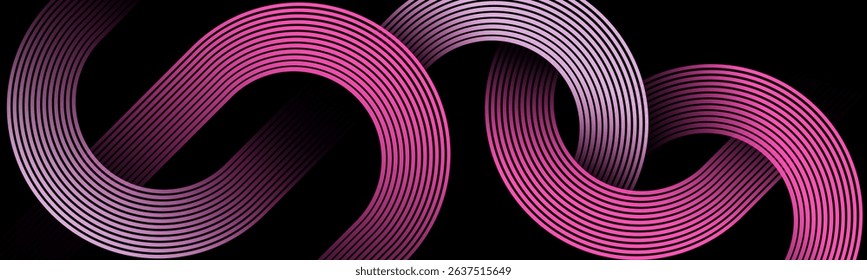 Abstract black background with glowing pink colour geometric diagonal rounded lines. Modern dynamic shapes composition. Suit for curve lines. Futuristic technology consept. Perfect for modern.