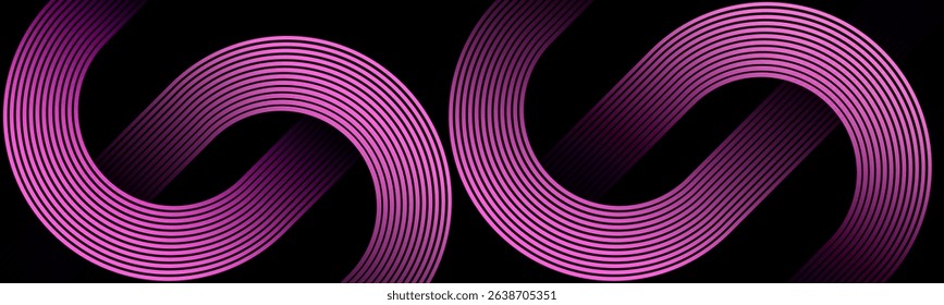 Abstract black background with glowing pink colour geometric diagonal rounded lines. Modern dynamic shapes composition. Suit for curve . Futuristic technology consept Luxury pattern.