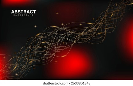 Abstract black background with glowing red lights, golden waves, and sparkling stars. Luxurious and festive design perfect for holiday themes, party invites, or elegant event posters.