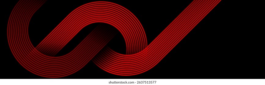 Abstract black background with glowing red geometric diagonal rounded lines. Modern dynamic shapes composition. Suit for curve lines. 