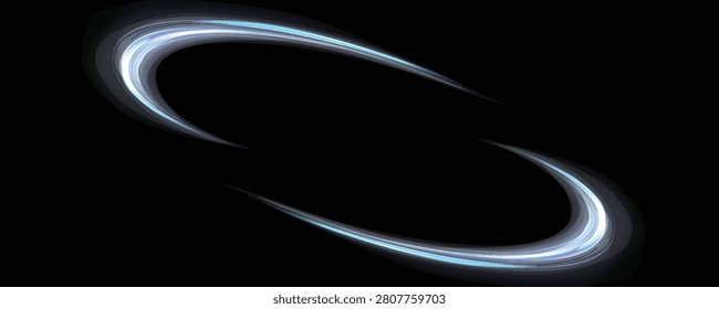 Abstract black background with glowing silver and blue wavy light trails. Modern futuristic dynamic fluid neon curves vector illustration asset.