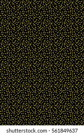 Abstract black background with gold confetti. Vector seamless pattern with geometric figures. Hipster fill. Holiday composition. Multipurpose backdrop. Stocking up for the holidays, workspace. Donuts.