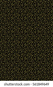 Abstract black background with gold confetti. Vector seamless pattern with geometric figures. Hipster fill. Holiday composition. Multipurpose backdrop. Stocking up for the holidays, workspace. Donuts.
