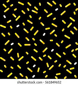 Abstract black background with gold confetti. Vector seamless pattern with geometric figures. Hipster fill. Holiday composition. Multipurpose backdrop. Stocking up for the holidays, workspace. Donuts.