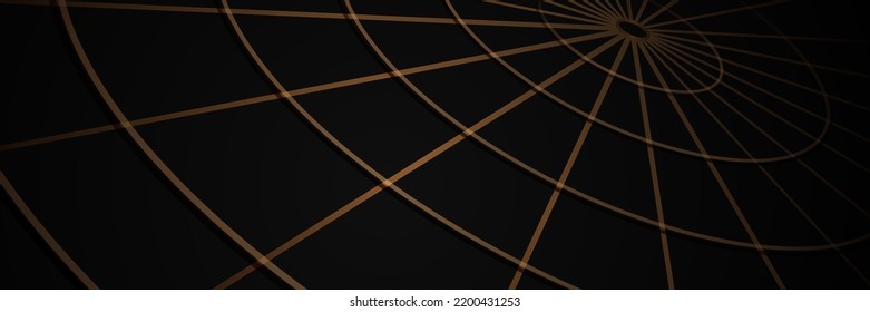 Resumen de fondo negro con líneas doradas. Elegante gráfico de rayas diagonales doradas con líneas de círculo. Diseño de banner horizontal moderno. Demanda para portada, cabecera, banner, afiche, web. Ilustración del vector