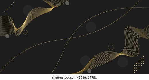 Abstract black background with gold lines curved wavy sparkle with copy space for text. Vector illustration