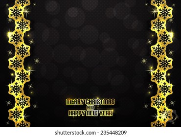 Abstract black background with gold stripes with snowflakes