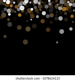 Abstract black background with gold, white and gray confetti transparent dots. Elements of different size and color. Suitable for backgrounds for greeting cards and posters, New Year's design