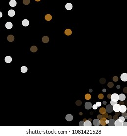 Abstract black background with gold, white and gray confetti transparent dots. Elements of different size and color. Suitable for backgrounds for greeting cards and posters, New Year's design