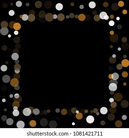 Abstract black background with gold, white and gray confetti transparent dots. Elements of different size and color. Suitable for backgrounds for greeting cards and posters, New Year's design