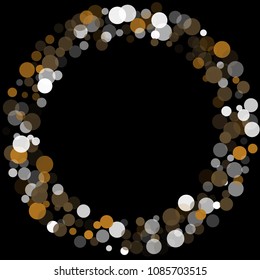 Abstract black background with gold, white and gray confetti transparent dots. Elements of different size and color. Suitable for backgrounds for greeting cards and posters, New Year's design
