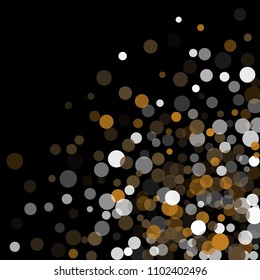 Abstract black background with gold, white and gray confetti transparent dots. Elements of different size and color. Suitable for backgrounds for greeting cards and posters, New Year's design