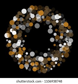 Abstract black background with gold, white and gray confetti transparent dots. Elements of different size and color. Suitable for backgrounds for greeting cards and posters, New Year's design