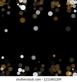 Abstract black background with gold, white and gray confetti transparent dots. Elements of different size and color. Suitable for backgrounds for greeting cards and posters, New Year's design