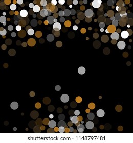 Abstract black background with gold, white and gray confetti transparent dots. Elements of different size and color. Suitable for backgrounds for greeting cards and posters, New Year's design