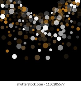 Abstract black background with gold, white and gray confetti transparent dots. Elements of different size and color. Suitable for backgrounds for greeting cards and posters, New Year's design
