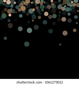 Abstract black background with golden and blue confetti transparent dots. Elements of different size and color. Suitable for backgrounds for greeting cards and posters, New Year's design