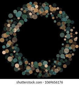 Abstract black background with golden and blue confetti transparent dots. Elements of different size and color. Suitable for backgrounds for greeting cards and posters, New Year's design