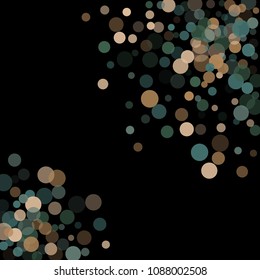 Abstract black background with golden and blue confetti transparent dots. Elements of different size and color. Suitable for backgrounds for greeting cards and posters, New Year's design