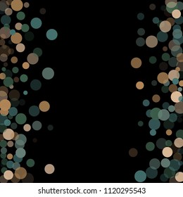 Abstract black background with golden and blue confetti transparent dots. Elements of different size and color. Suitable for backgrounds for greeting cards and posters, New Year's design