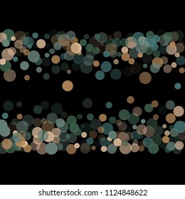 Abstract black background with golden and blue confetti transparent dots. Elements of different size and color. Suitable for backgrounds for greeting cards and posters, New Year's design