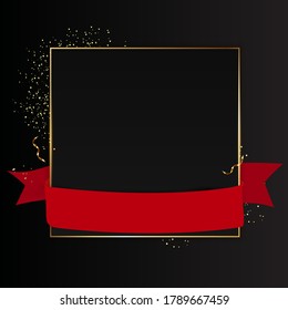 Abstract Black Background with Golden Frame and Red ribbon. Vector Illustration EPS10