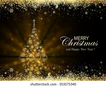 Abstract black background with Golden frame and Christmas tree made of snowflakes, illustration.