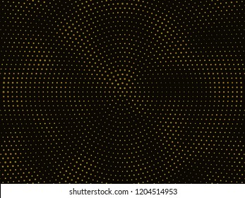 Abstract black background with golden glitter halftone ornament. Template background with stamped dotted pattern. Creative cover decorative design element.
