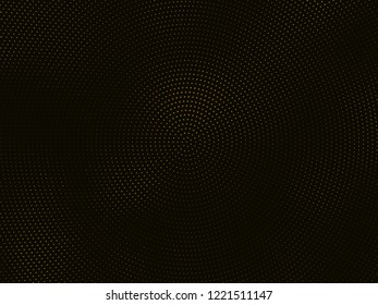 Abstract black background with golden glitter halftone ornament. Template background with stamped dotted pattern. Creative cover decorative design element.