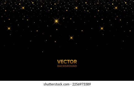 Abstract black background with golden glitters. Vector illustration of gold glittering black background with particles. Minimalist decoration background. Background design for birthday and celebration