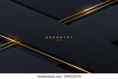 Abstract Black Background With Golden Glowing Strings. Vector Illustration. Geometric Backdrop With Textured Black Paper Layers. Slanted Shapes. Business Presentation Template. Minimalist Decoration