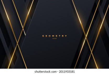 Abstract black background and golden glowing strings  Vector illustration  Geometric backdrop and black paper layers  Slanted shapes  Business presentation template  Minimalist decoration