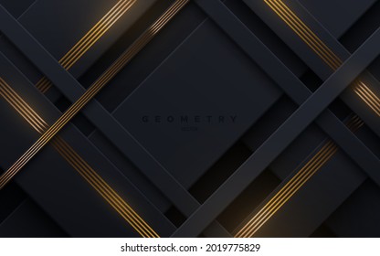 Abstract black background with golden glowing stripes. Vector illustration. Geometric backdrop with black paper layers. Slanted shapes. Business presentation template. Minimalist decoration