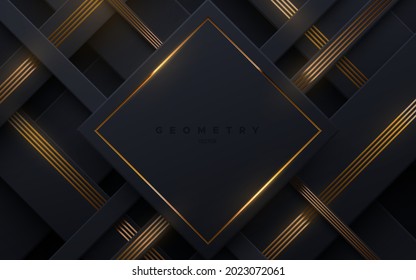 Abstract black background with golden glowing stripes. Vector illustration. Geometric backdrop with black paper layers. Slanted shapes. Business presentation template. Minimalist decoration