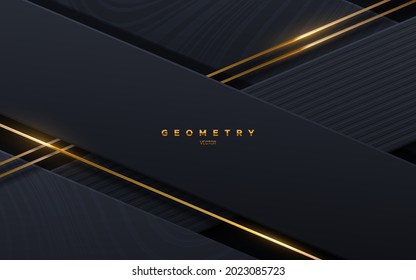 Abstract black background with golden glowing strings. Vector illustration. Geometric backdrop with textured black paper layers. Slanted shapes. Business presentation template. Minimalist decoration