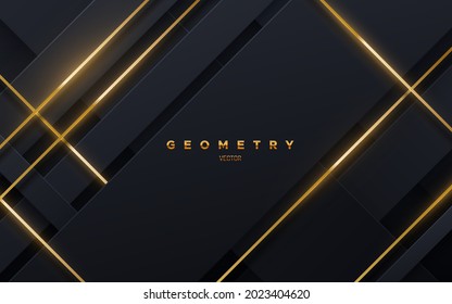 Abstract Black Background With Golden Glowing Strings. Vector Illustration. Geometric Backdrop With Black Paper Layers. Slanted Shapes. Business Presentation Template. Minimalist Decoration