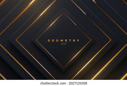 Abstract black background with golden glowing stripes. Vector illustration. Geometric backdrop with black paper layers. Concentric square shapes. Business presentation template. Minimalist decoration