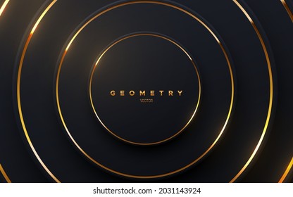 Abstract black background with golden glowing stripes. Vector illustration. Geometric backdrop with black paper layers. Concentric circle shapes. Business presentation template. Minimalist decoration